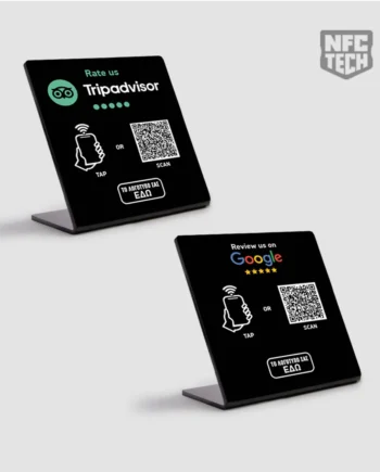 Set από 2 NFC review stands για Google και Tripadvisor 12 X 14 cm με Λογότυπο Επιχείρησης και Qrcode – Black