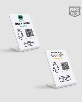 Set από 2 NFC review stands για Google και Tripadvisor 12,5 X 7,5 cm με Λογότυπο Επιχείρησης και Qrcode – White
